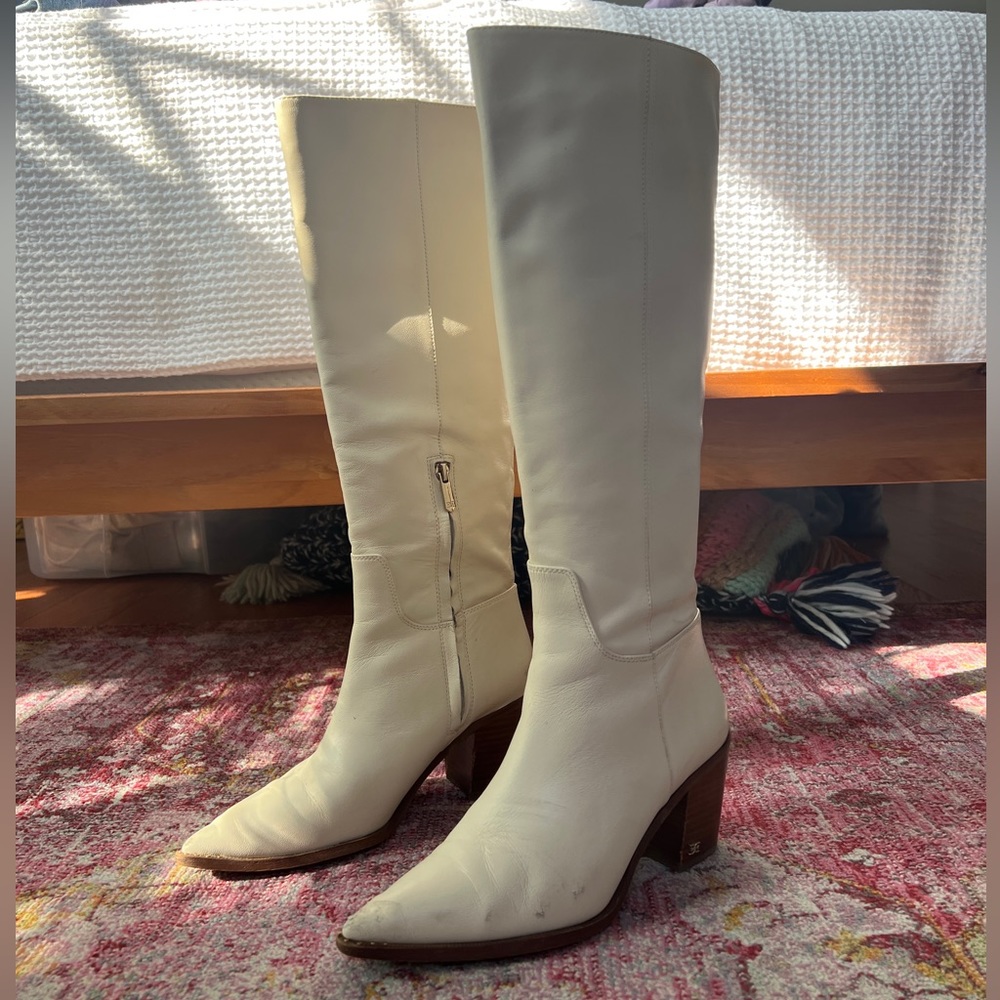 Sam Edelman Lindsay Pointed Toe Knee- High Leather Boot in Off White